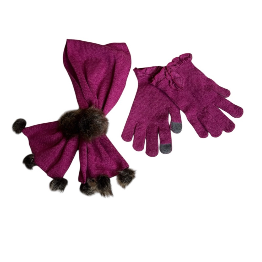 Mud Pie pink scarf / neck warmer and touch screen glove set with faux fur poms